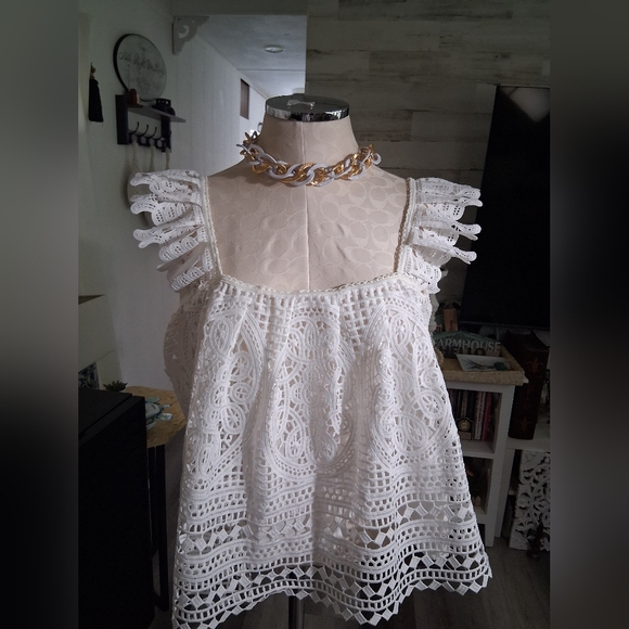 Anthropologie Tops - Anthropologie Eri + Ali Ruffled Lace Square Neck Tank Sz L